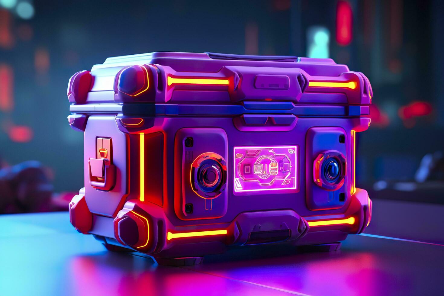 AI generated Modern and Futuristic Neon Digital Gaming Chest in Cartoon Pixar 3D Blender Style. AI Generative photo