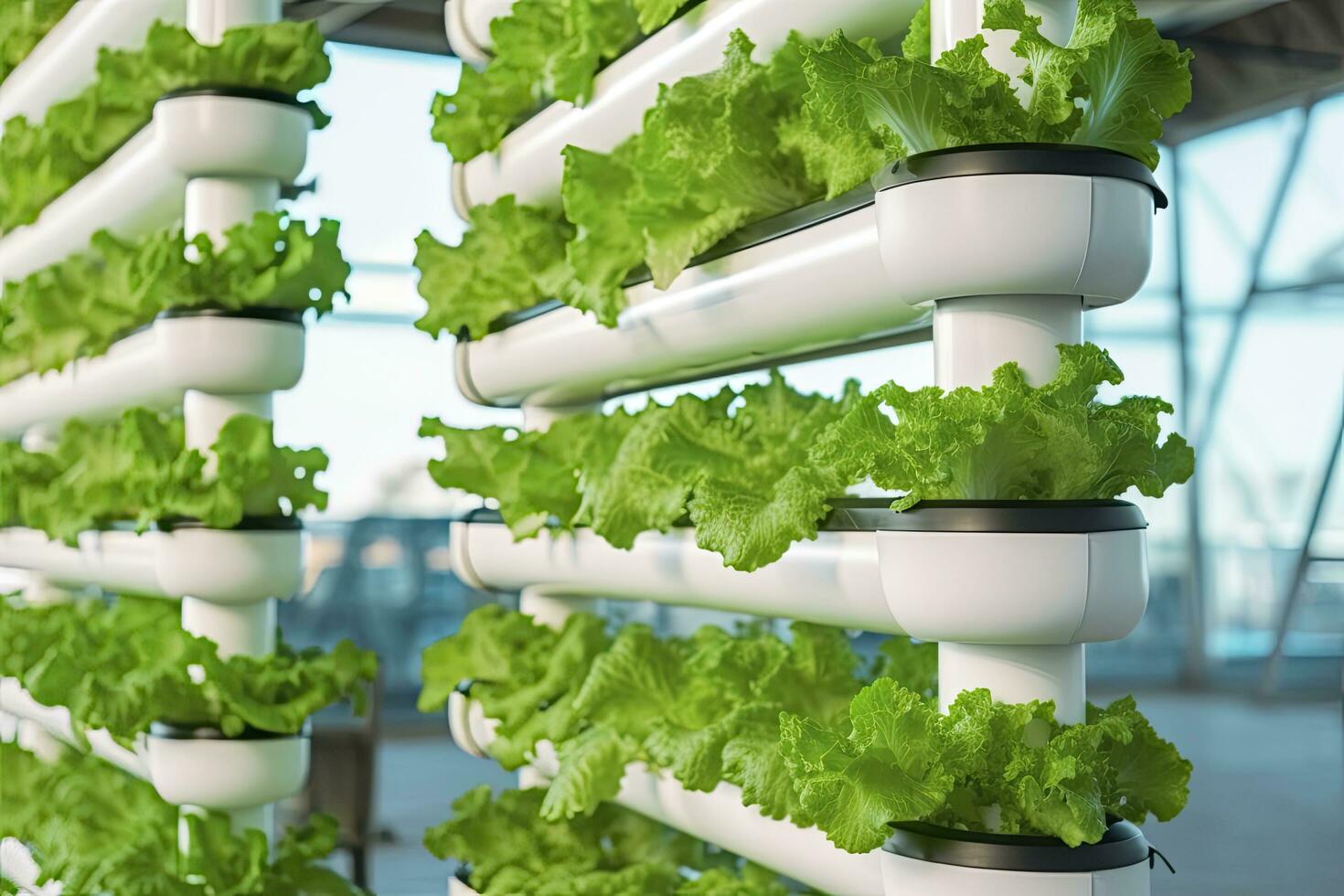 AI generated Vertical Hydroponic Plant System With Cultivated Lettuces. AI Generated photo