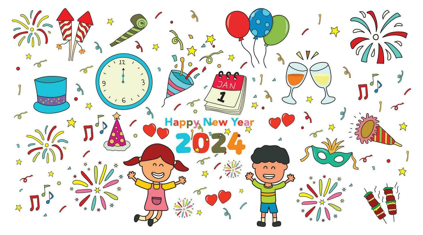 niños dibujo vector ilustración conjunto de contento nuevo año 2024 en un dibujos animados estilo aislado en blanco antecedentes