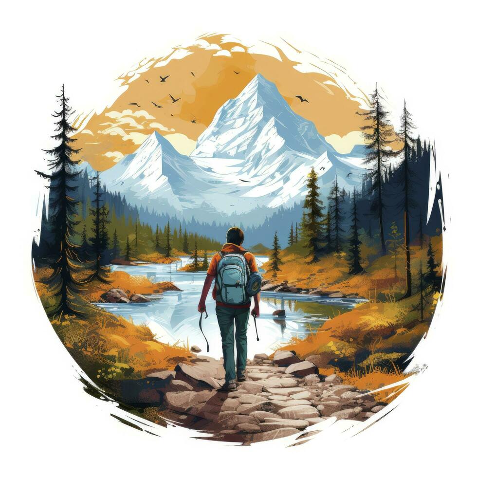 AI generated Vibrant colors wilderness hiking scene for t-shirt. AI Generated photo