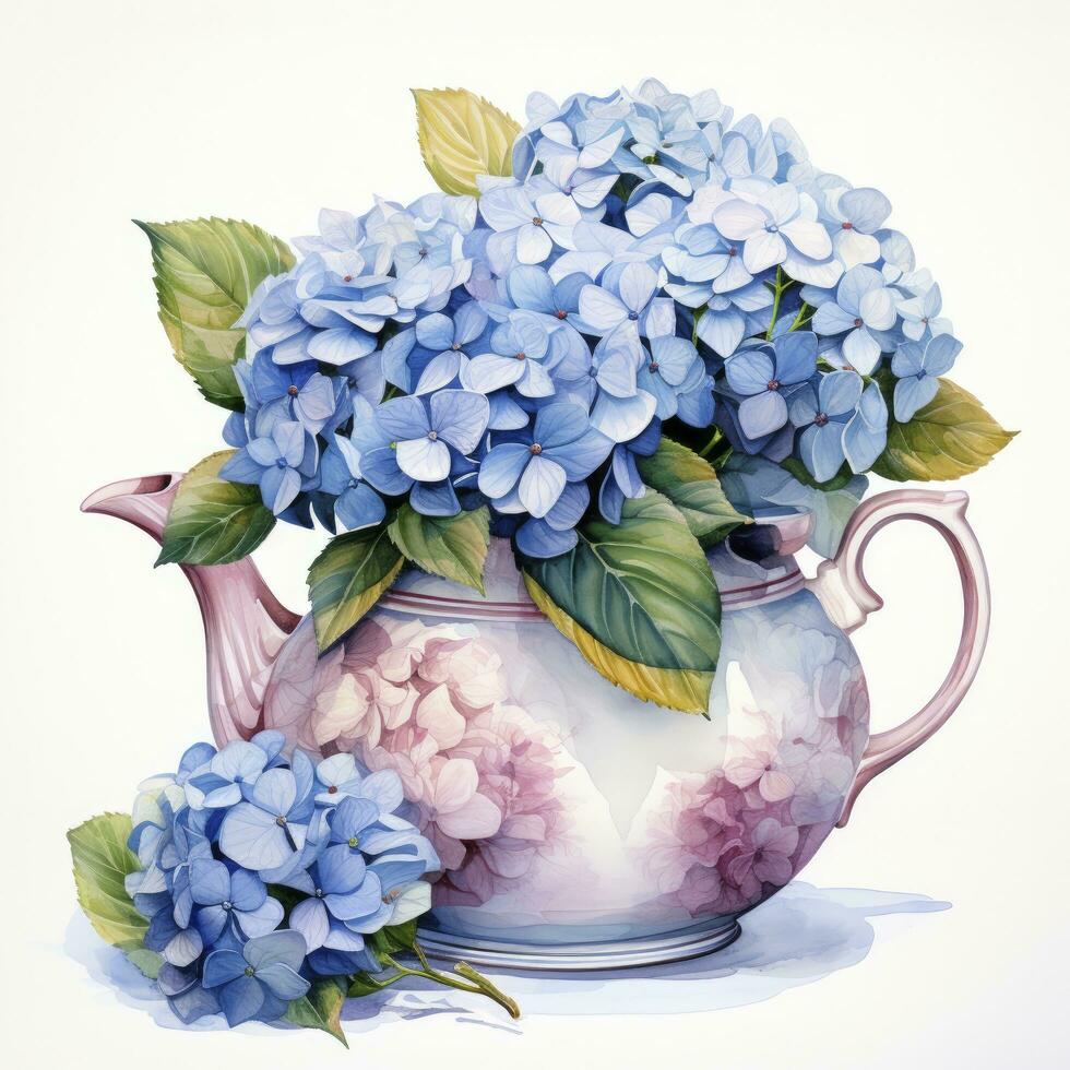 AI generated Watercolor hydrangeas in teapot isolated on white background. AI Generated photo