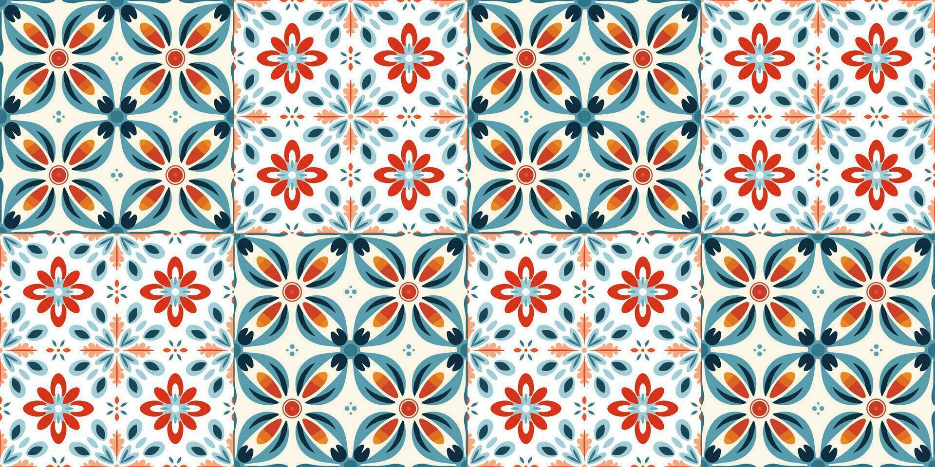 Scandinavian Style Tile in blue and red colors. Ethnic Vector Seamless Floral Pattern. Abstract Square Geometric Swatch for Wrapping Paper, Indoor Decor, or Fabric