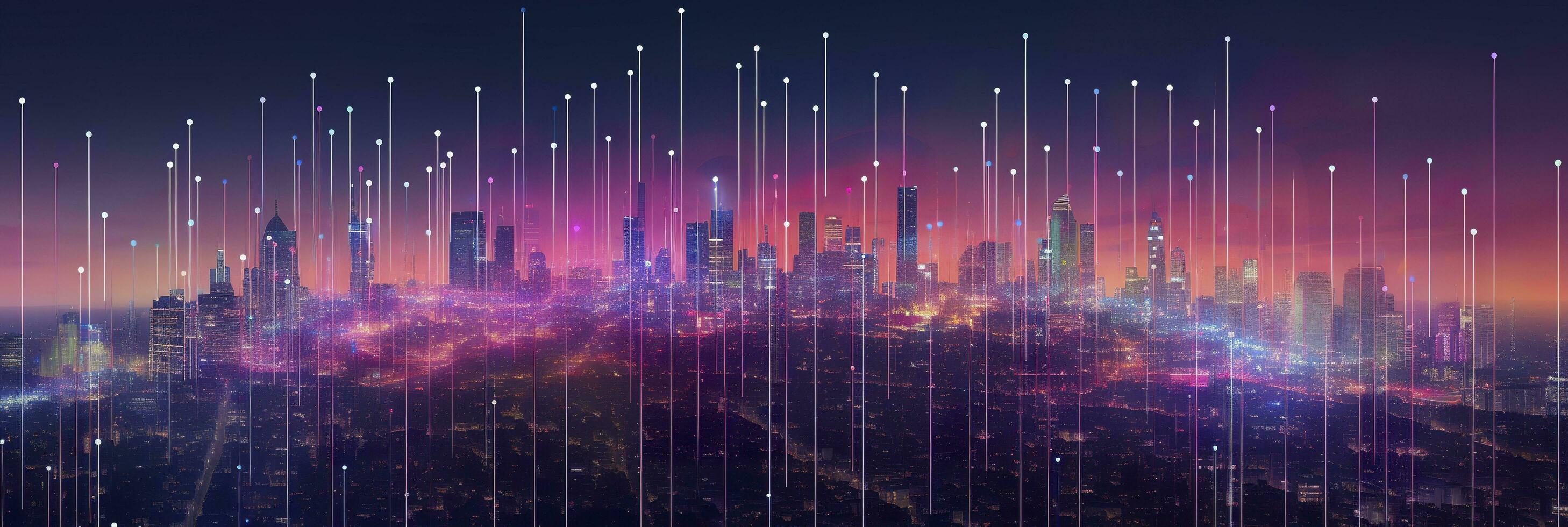 AI generated Smart city and abstract dot points connect with gradient lines and aesthetic Intricate wave line design, big data connection technology concept. AI Generated photo