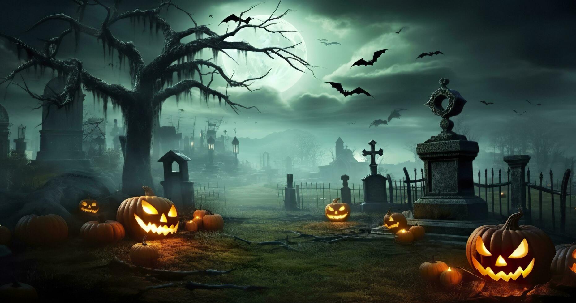 AI generated Pumpkins In Graveyard In The Spooky Night, Halloween Backdrop. Generative AI photo