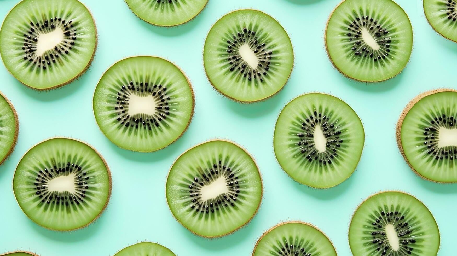 AI generated Slices of kiwi fruit and green mint leaves on a light pastel blue background. AI Generated photo