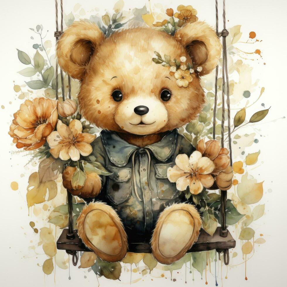 AI generated A cute happy teddy bear swings on a tree on a white background. AI Generated photo