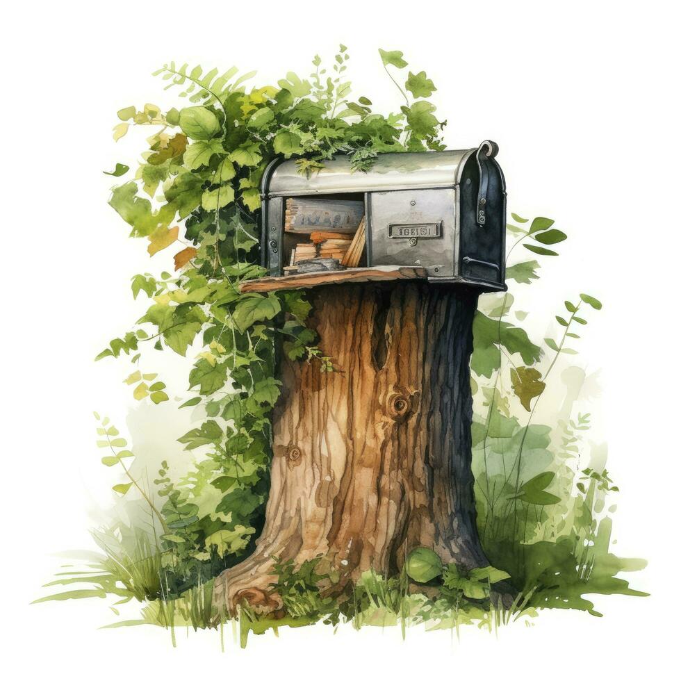 AI generated Watercolor mailbox in a tree on a white background. AI Generated photo