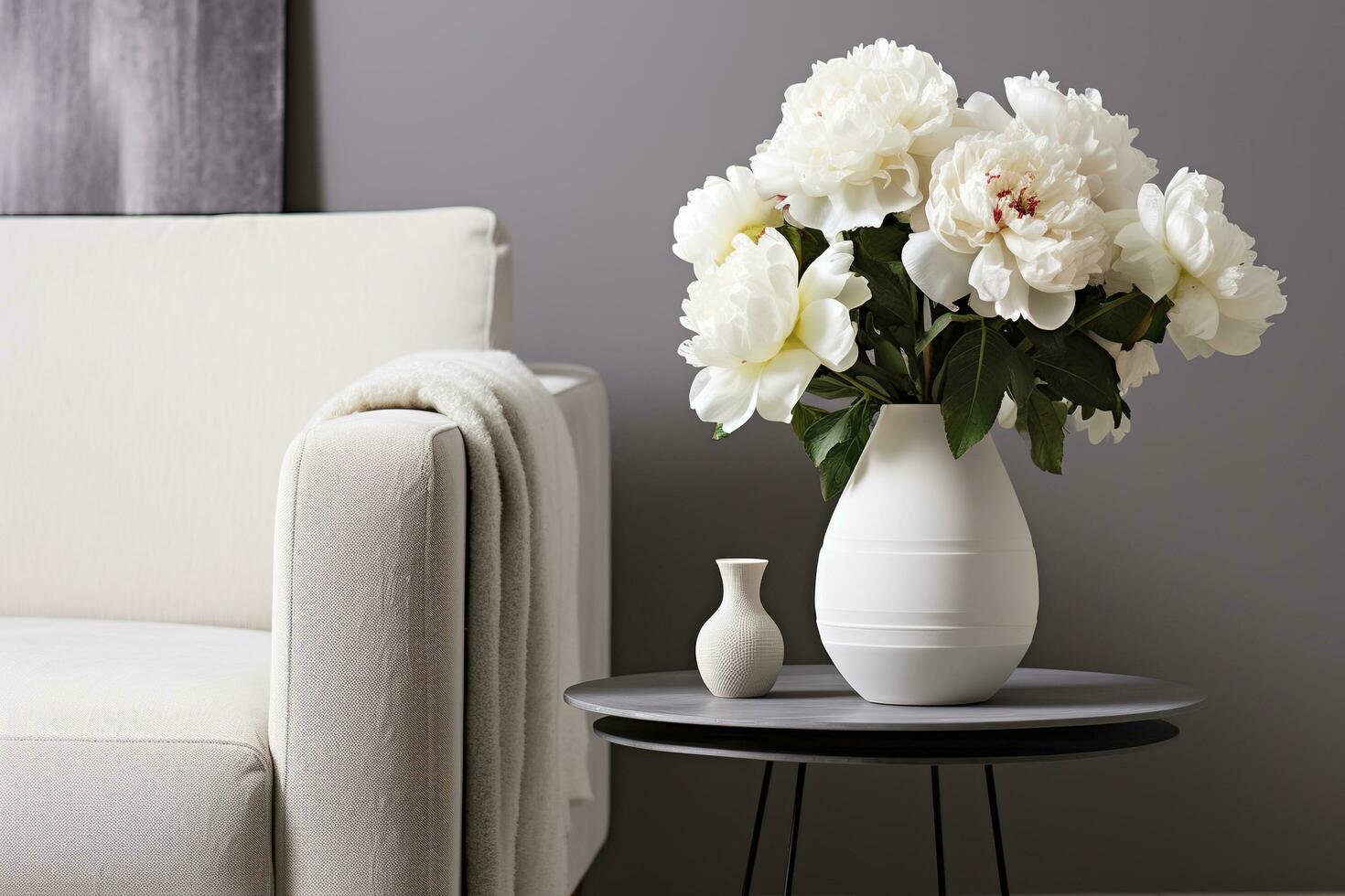 AI generated Vase of white peonies with coffee table and armchair near grey wall. Generative AI photo