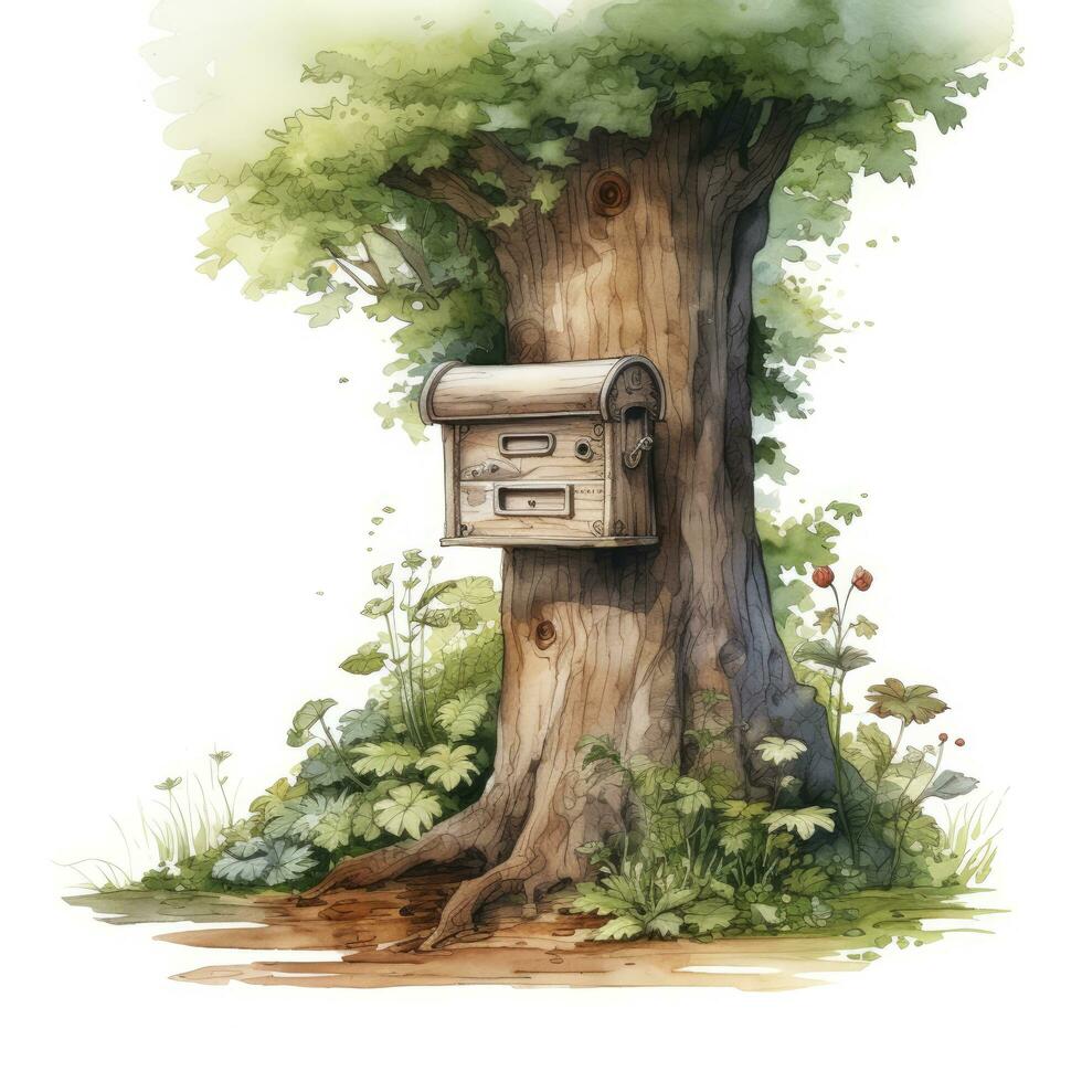 AI generated Watercolor mailbox in a tree on a white background. AI Generated photo
