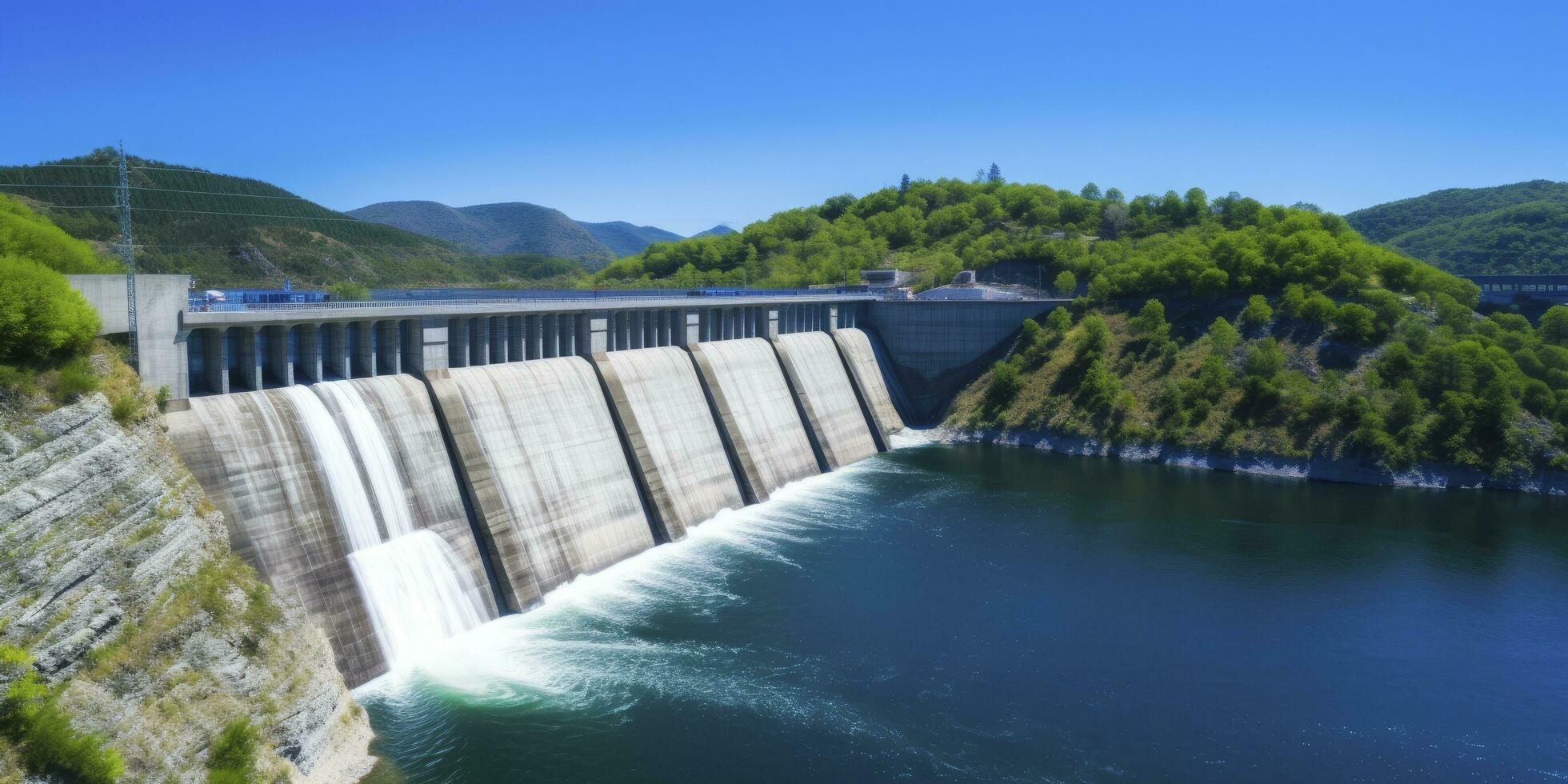 ai generado hidroeléctrico represa generando verde energía desde fluido agua. ai generado. foto