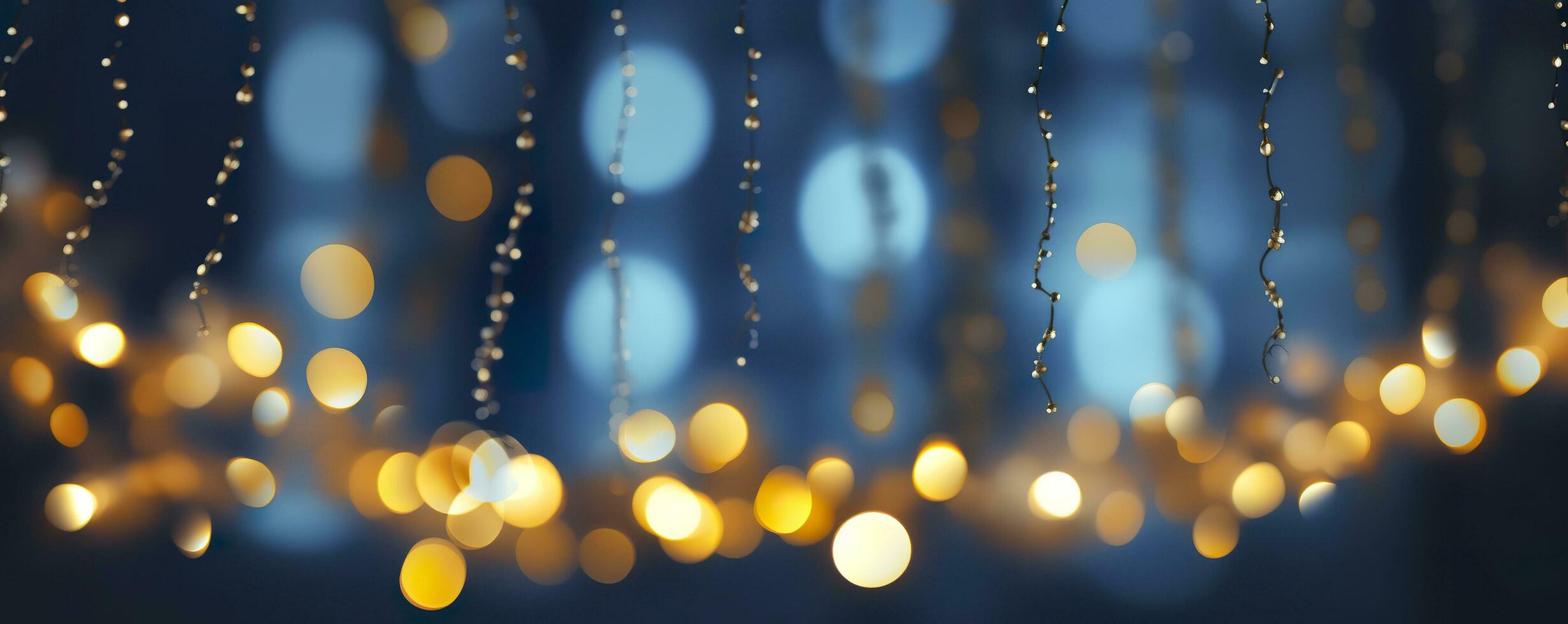 AI generated holiday illumination and decoration concept, Christmas garland bokeh lights over dark blue background. AI Generated photo