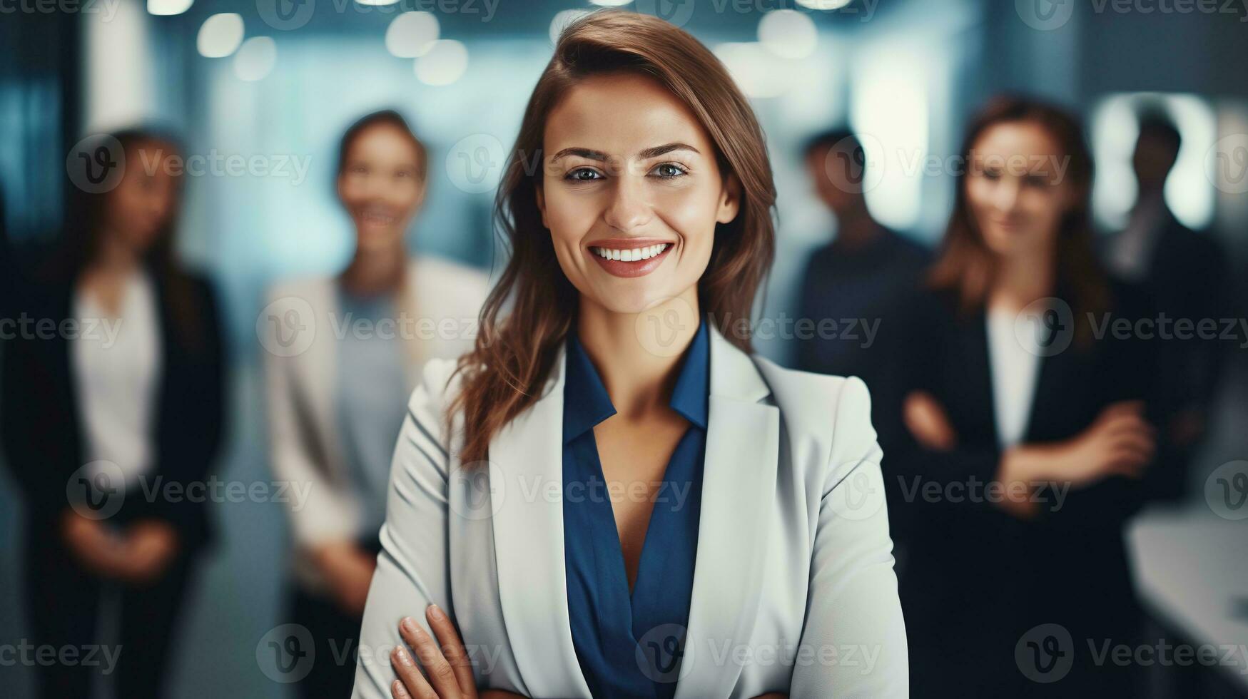 AI generated Professional Woman in front of Blurred Background with Other Employees, Best Candidate Concept photo