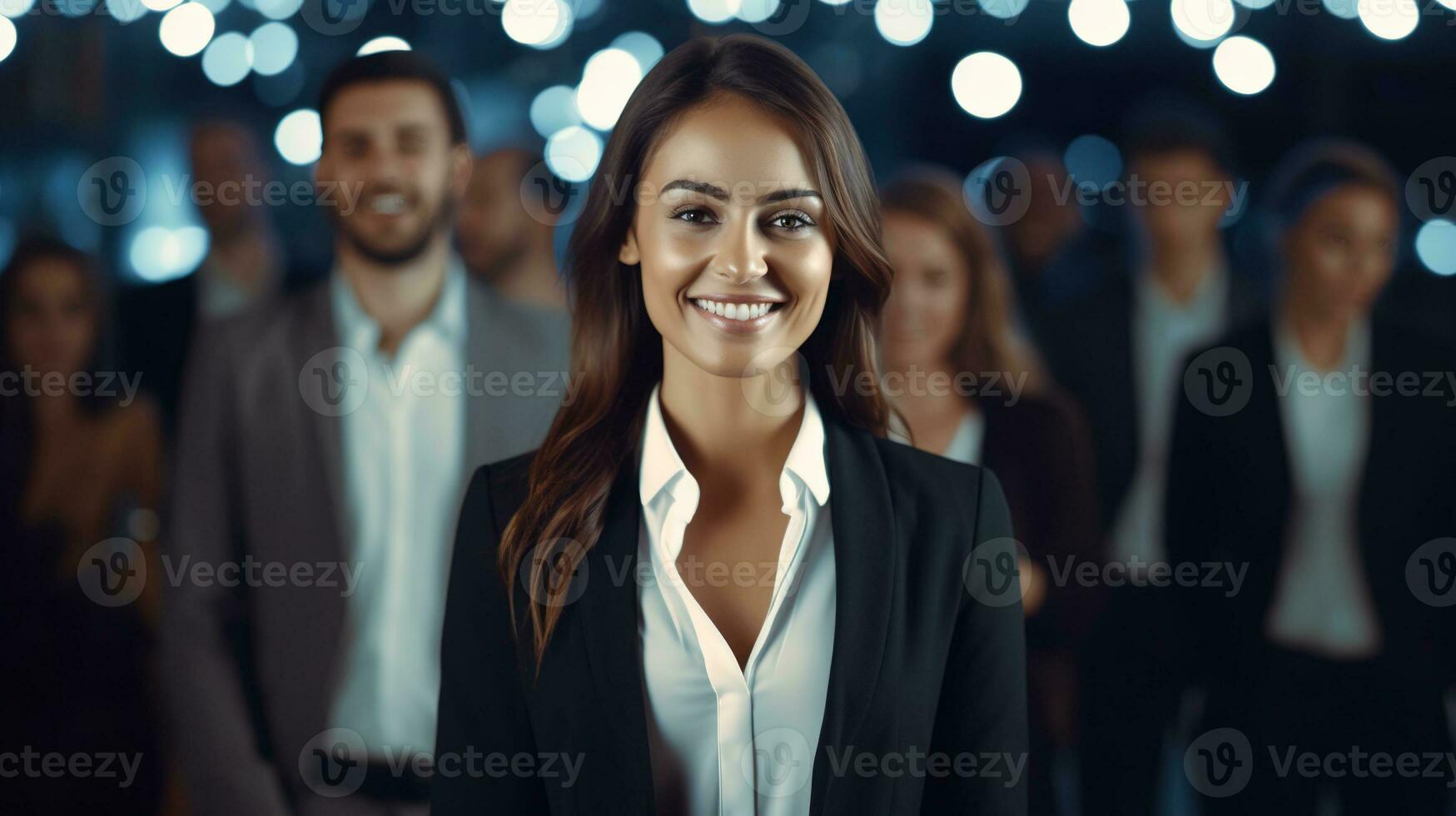 AI generated Professional Woman in front of Blurred Background with Other Employees, Best Candidate Concept photo