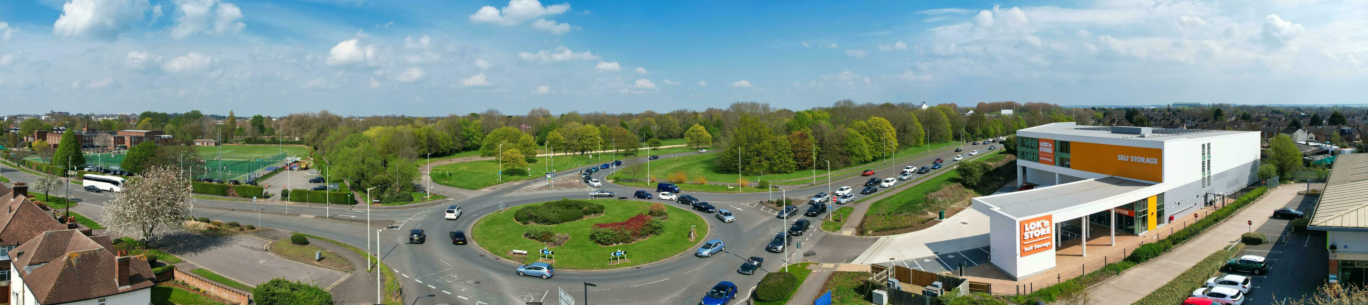 High angle Wide Panoramic View of Warehouse Buildings at Bedford Central City. The Bedford is Historical City of England UK. April 22nd, 2023 photo