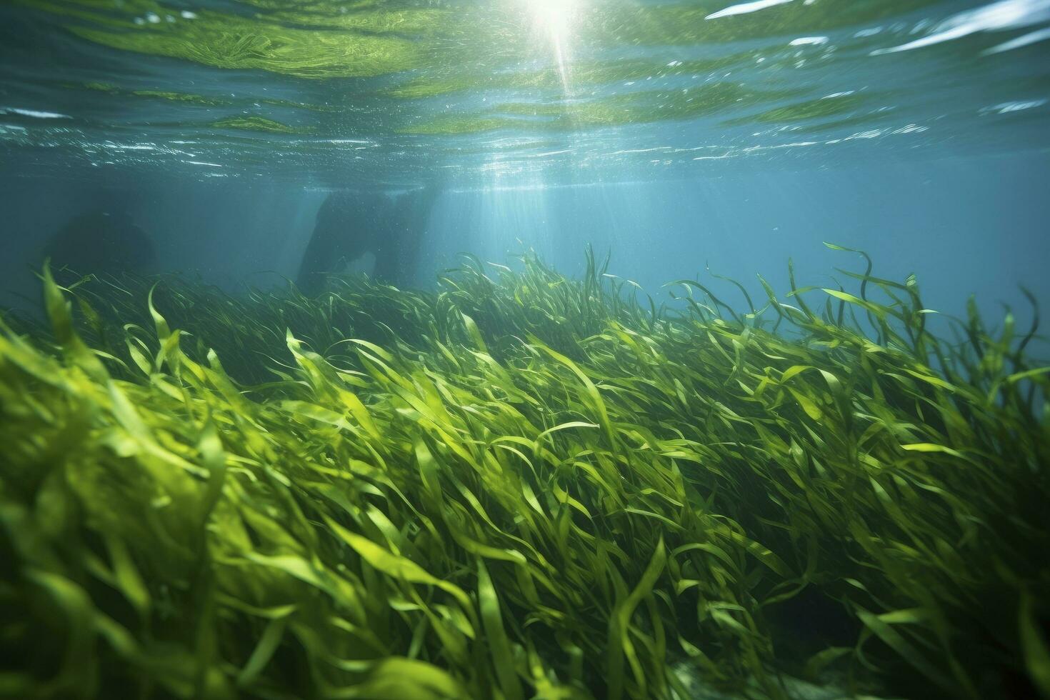 AI generated Underwater view of a group of seabed with green seagrass. AI Generated photo