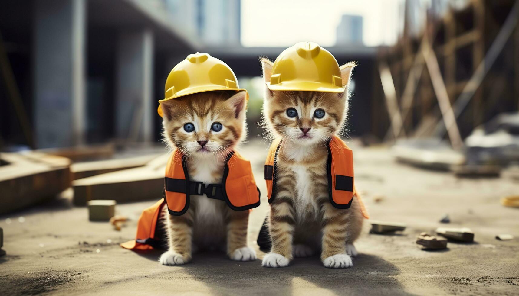 AI generated Two kittens wearing hard hats on a construction site. Generative AI photo