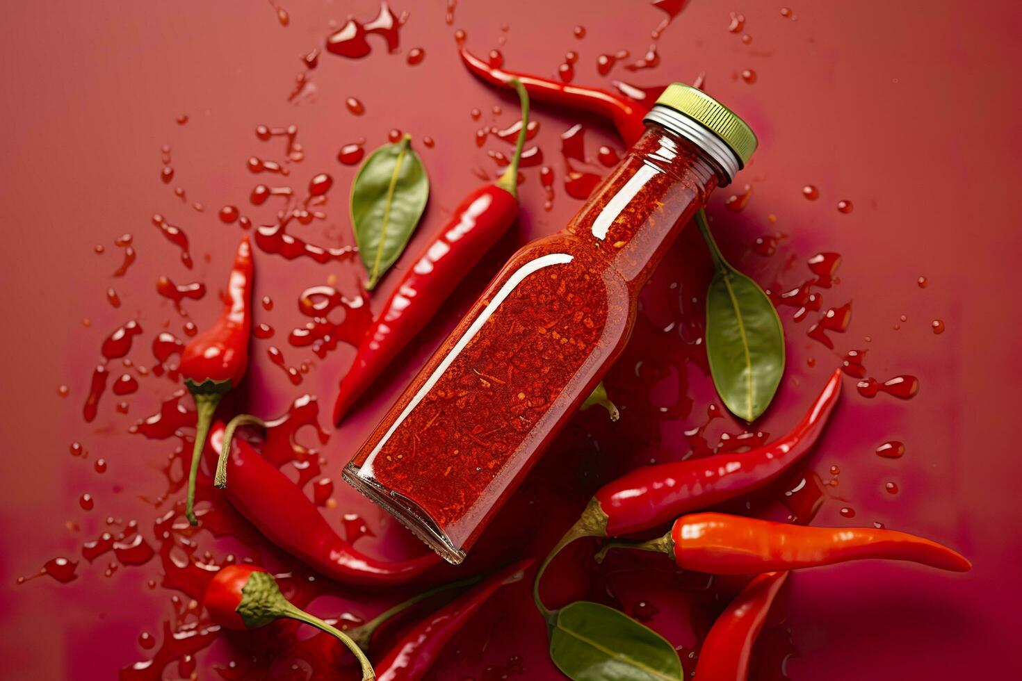 AI generated Tabasco hot pepper sauce with red chili pepper, flat lay. Generative AI photo