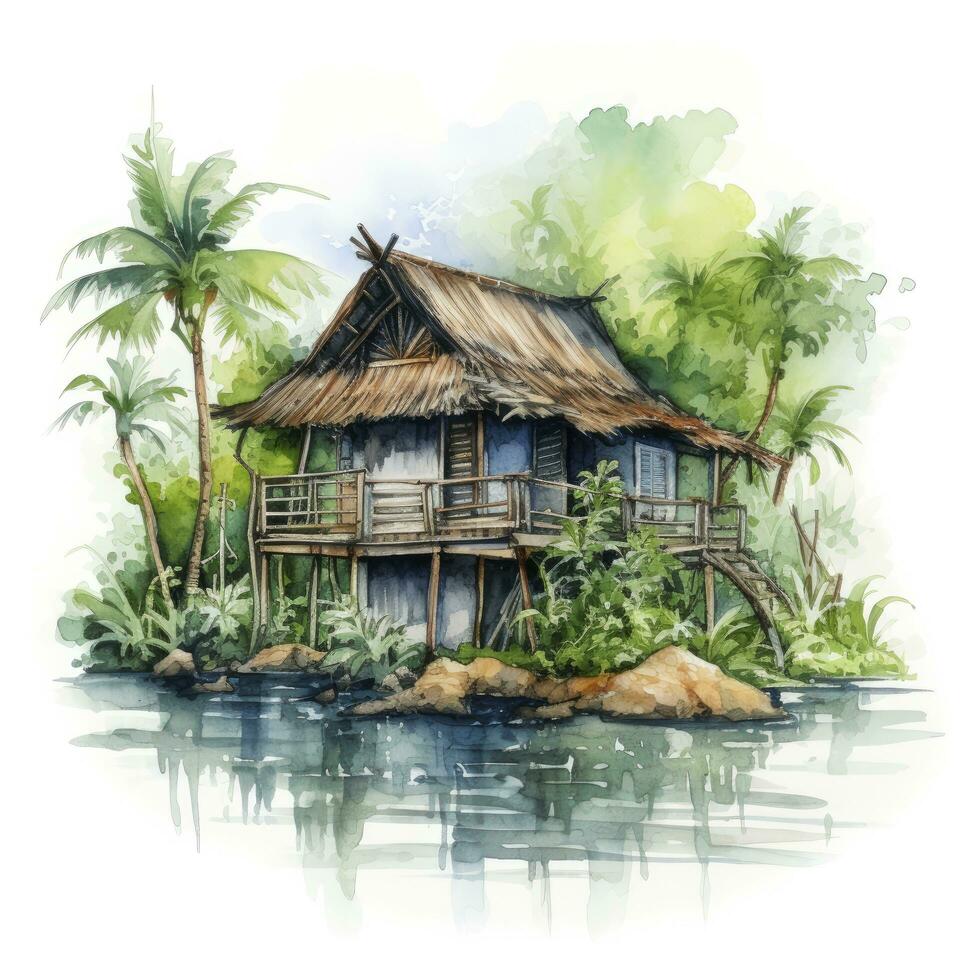 AI generated A watercolored bright serene image of a traditional bahay kubo. AI Generated photo