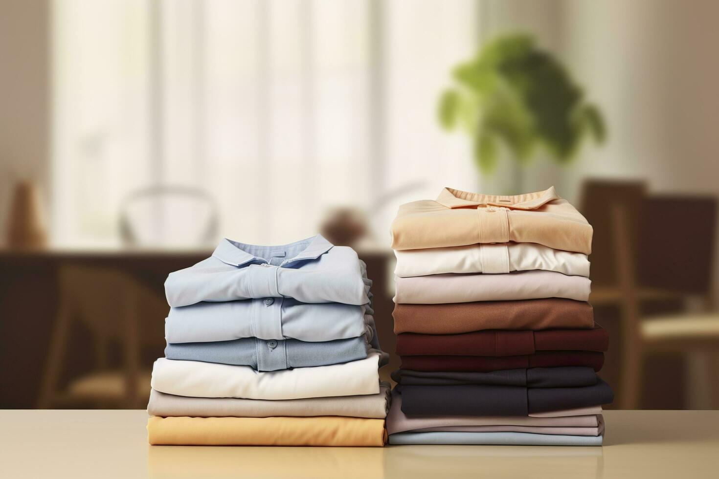 AI generated Stack of clean clothes on table in room. Generative AI photo