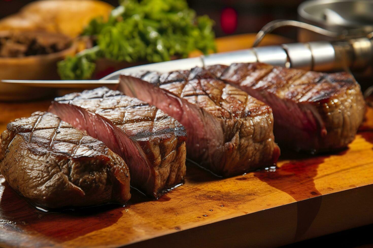 AI generated Steak rotisserie at the steakhouse, sliced picanha, Picanha. Generative AI photo