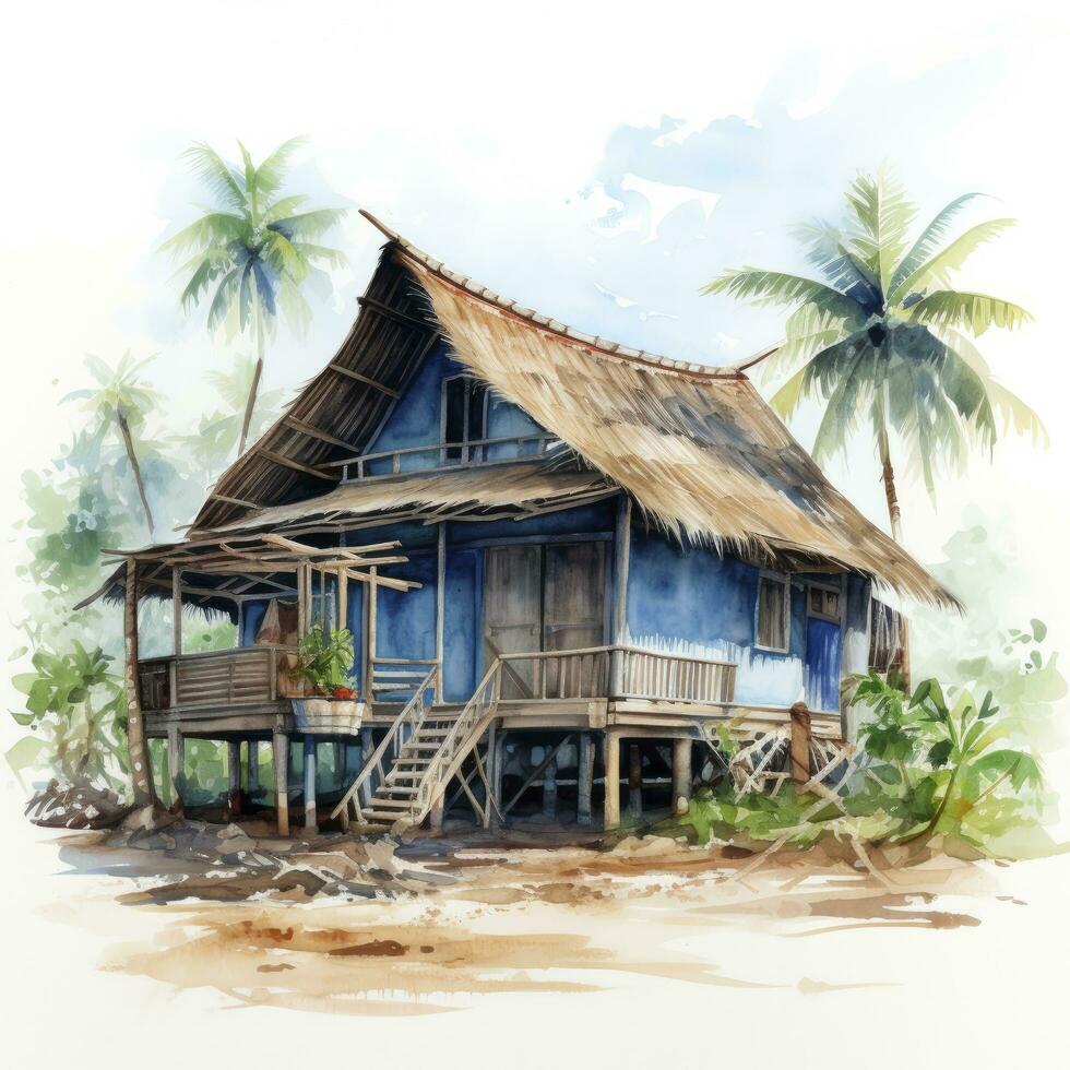 AI generated A watercolored bright serene image of a traditional bahay kubo. AI Generated photo