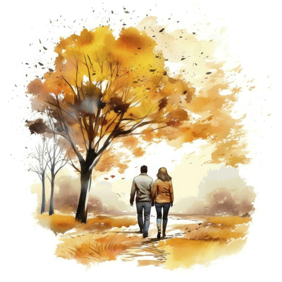 AI generated Watercolor autumn landscape with a couple walking. AI Generated photo