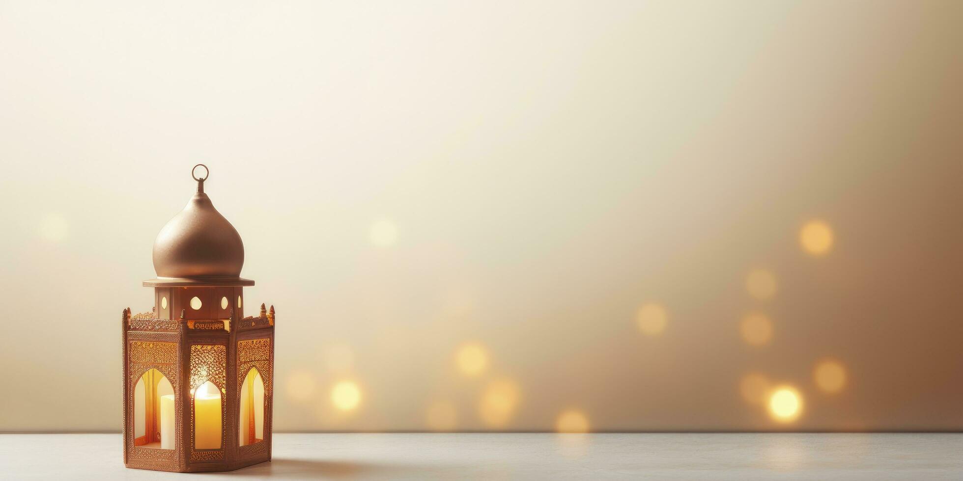AI generated Celebration of islamic eid mubarak and eid al adha lantern in a light background. AI Generated photo