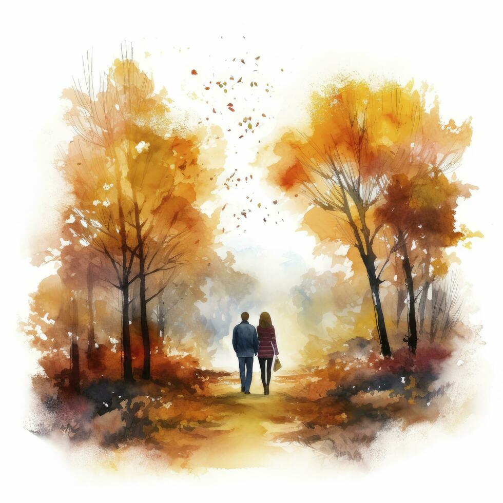 AI generated Watercolor autumn landscape with a couple walking. AI Generated photo