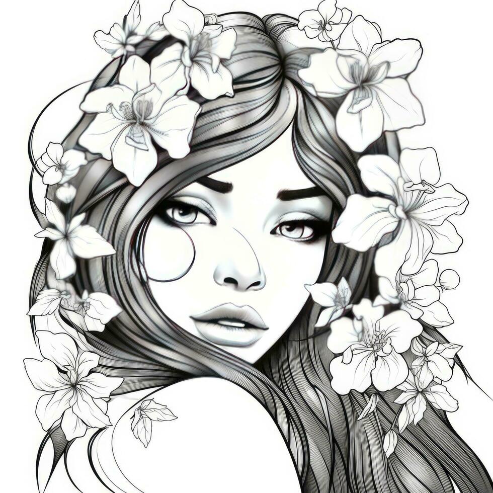 AI generated A girl on a coloring book page with Jasmine flowers. AI Generated photo