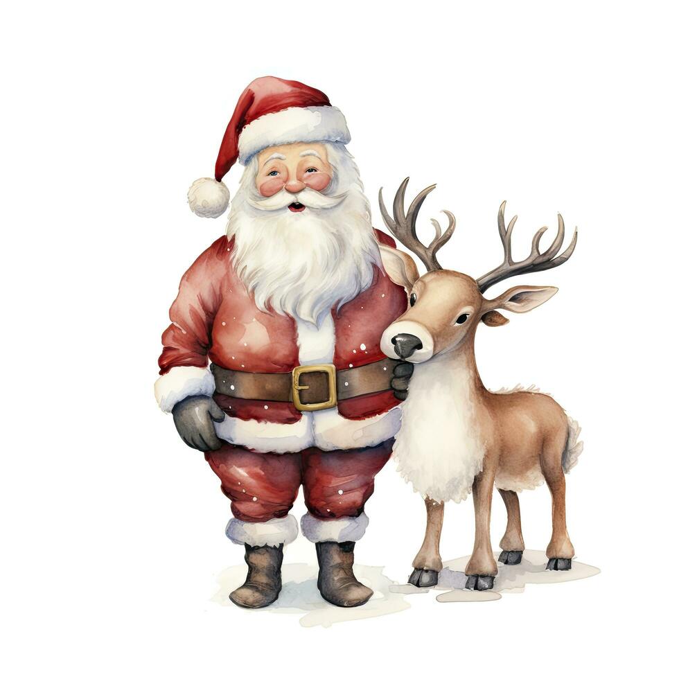 AI generated Cute Santa Claus standing with reindeer. AI Generated photo