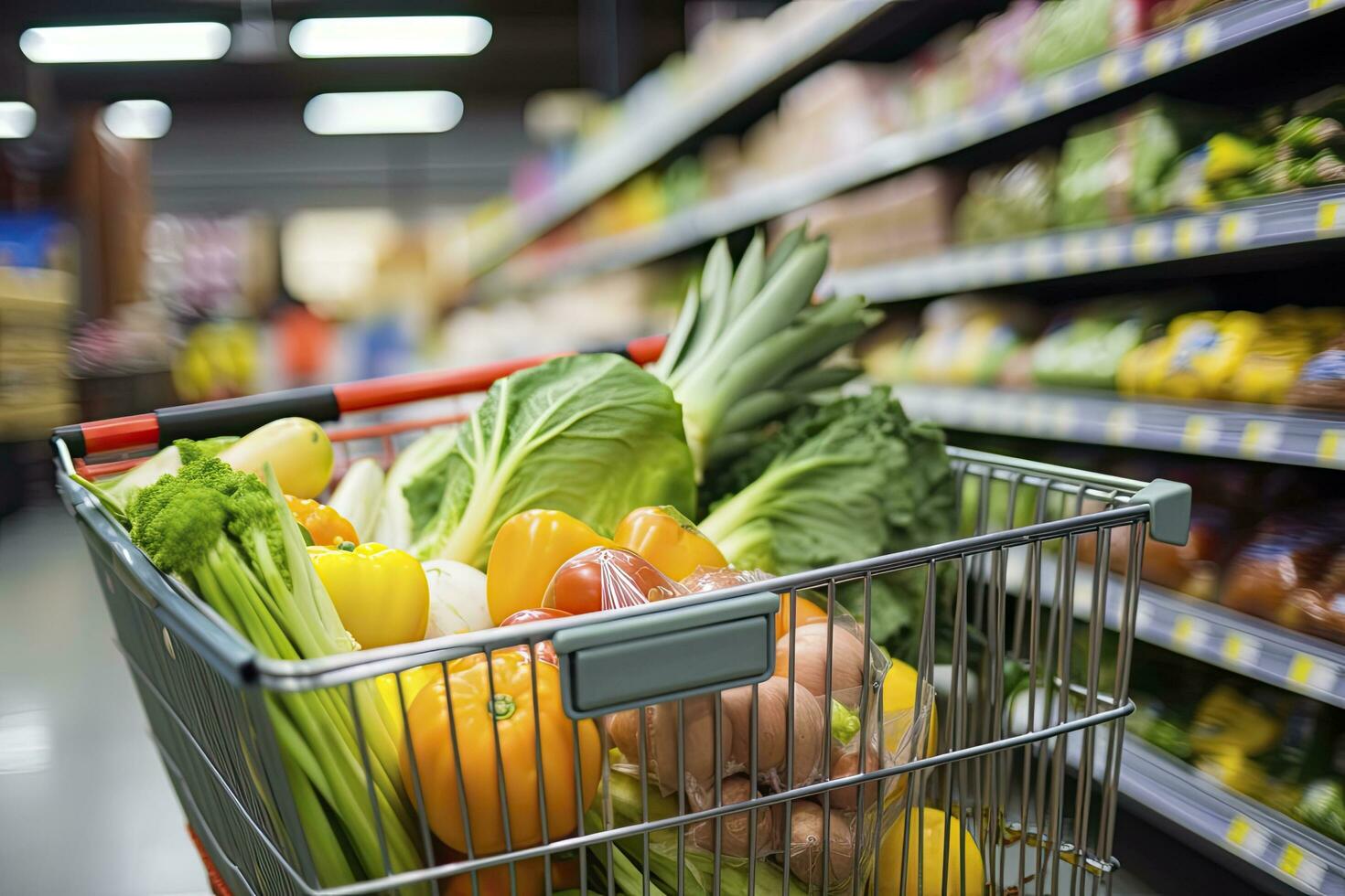 AI generated Close up of full shopping cart in grocery store. AI Generated photo
