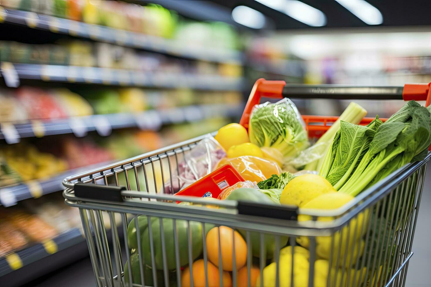 AI generated Close up of full shopping cart in grocery store. AI Generated photo