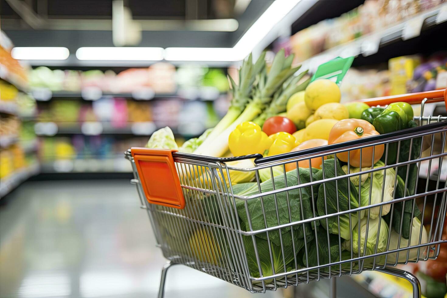 AI generated Close up of full shopping cart in grocery store. AI Generated photo