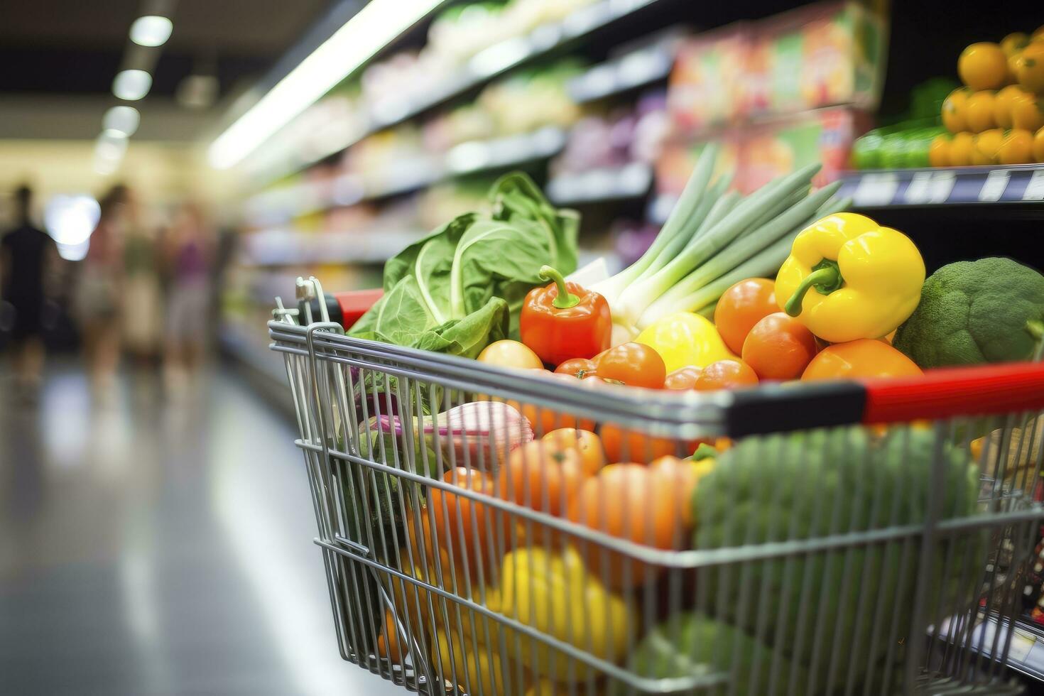 AI generated Close up of full shopping cart in grocery store. AI Generated photo