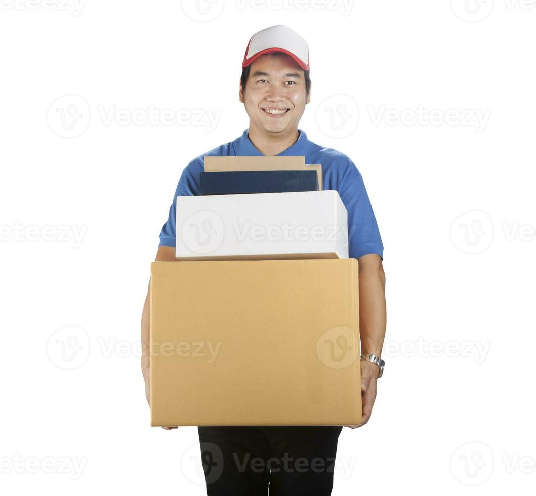 delivery man carrying container box toothy smiling face isolated white background photo