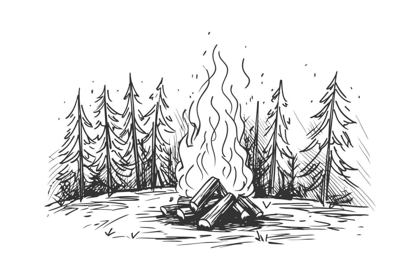 Bonfire burning in the forest sketch hand drawn. Vector illustration design.