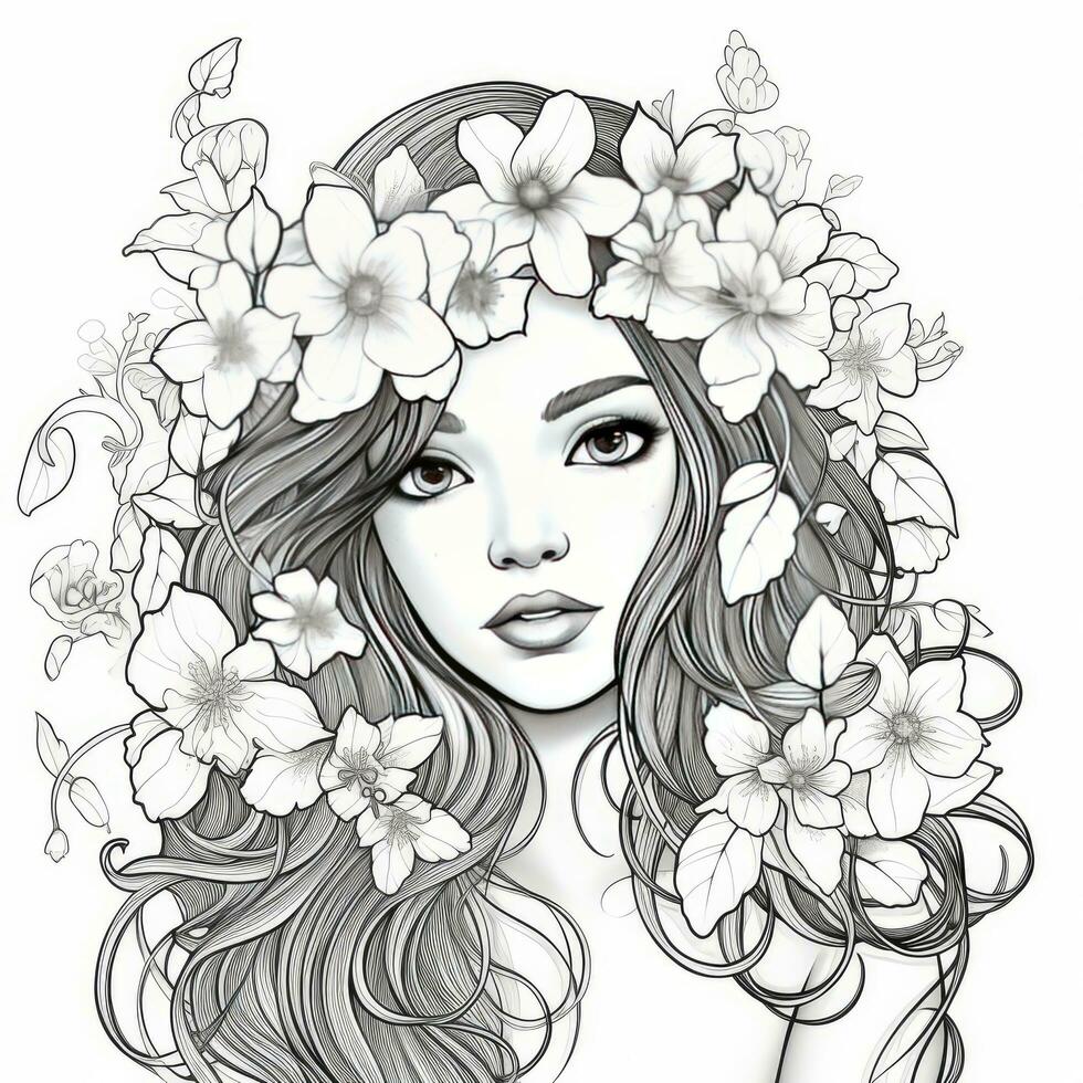 AI generated A girl on a coloring book page with Jasmine flowers. AI Generated photo