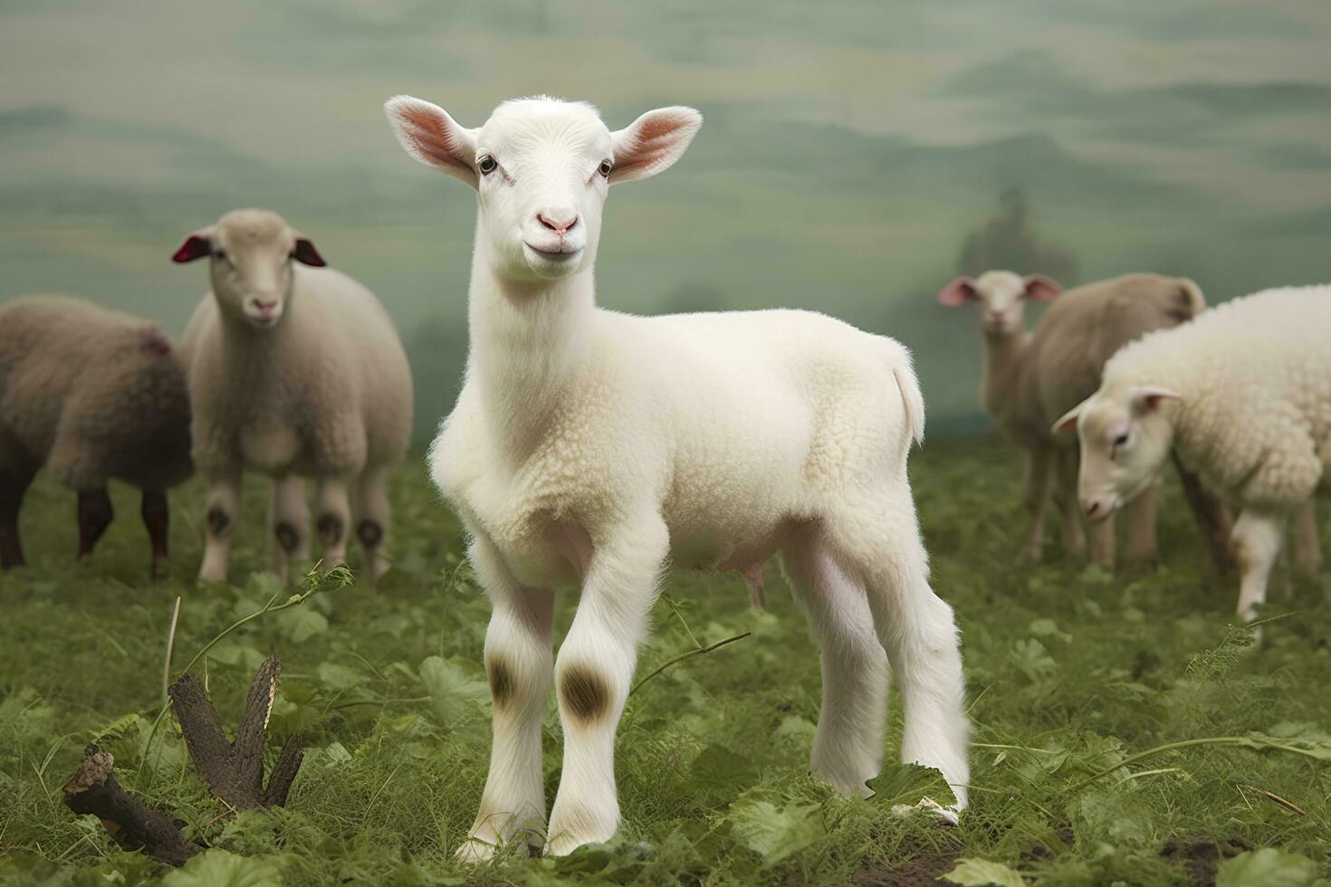 AI generated White lamb in a field in front of other animals. Generative AI photo