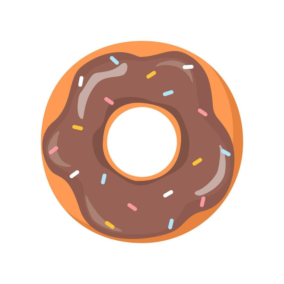 Donut. Cute, colorful and glossy donut with chocolate glaze and multicolored powder. Vector illustration.