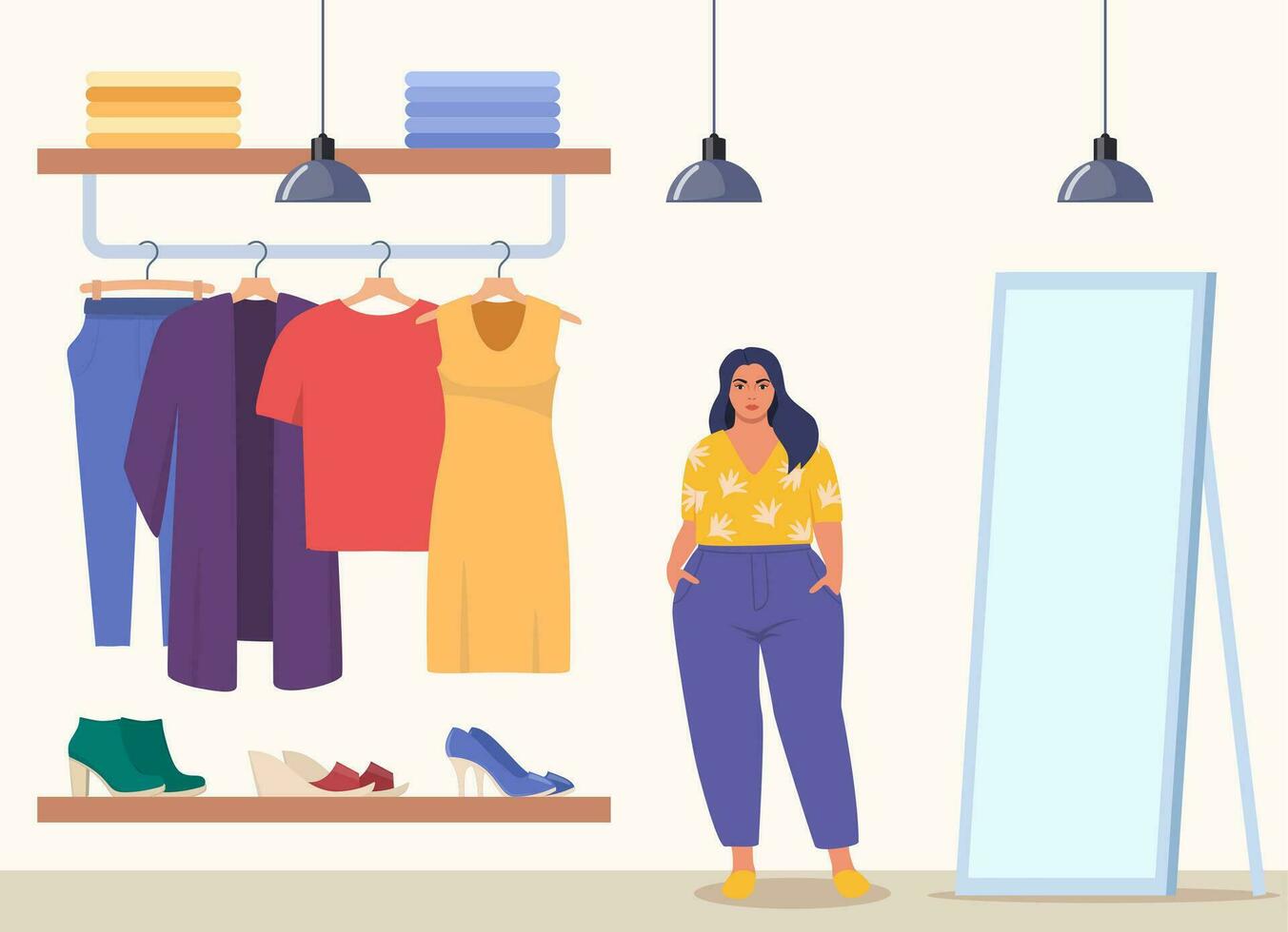 Woman stands near clothes rack and mirror, chooses clothes in fashion boutique. Assortment showroom, clothing store. Clothes shop interior. Dress, tunic, blouse on hangers. Vector illustration.