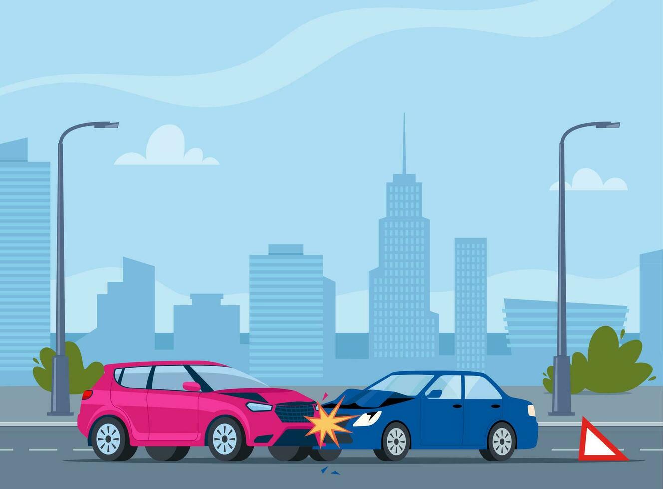 Car accident. Damaged transport on the road. Collision of two cars on city street. Damaged transport. Safety of driving personal vehicles, car insurance. Vector illustration.