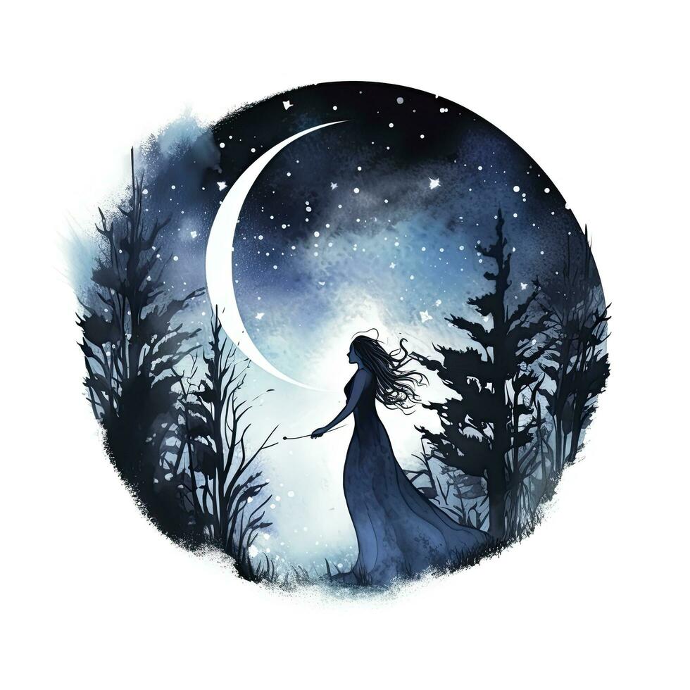 ai generado bosque Luna silueta con hada brillante en el noche cielo en un blanco antecedentes. ai generado foto