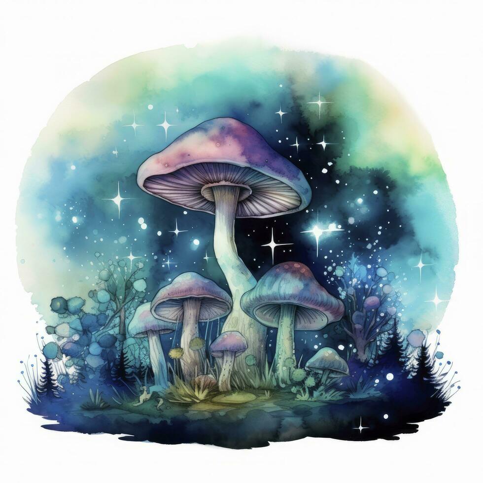 AI generated Watercolor Magical Mushrooms for T-shirt Design. AI Generated photo