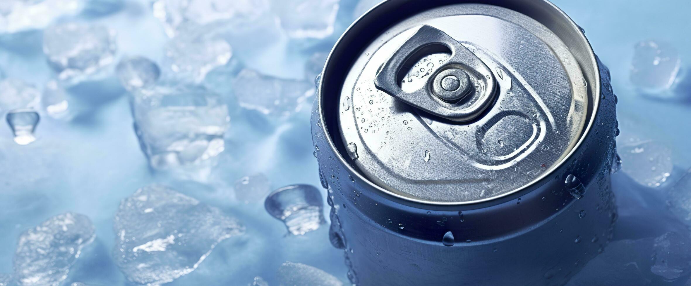 AI generated Top of drink tin can iced submerged in frost ice, metal aluminum beverage. Generative AI photo