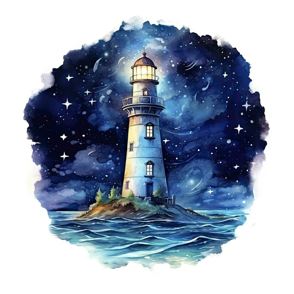 AI generated Lighthouse beside the sea at Night. watercolor for T-shirt design. AI Generated photo