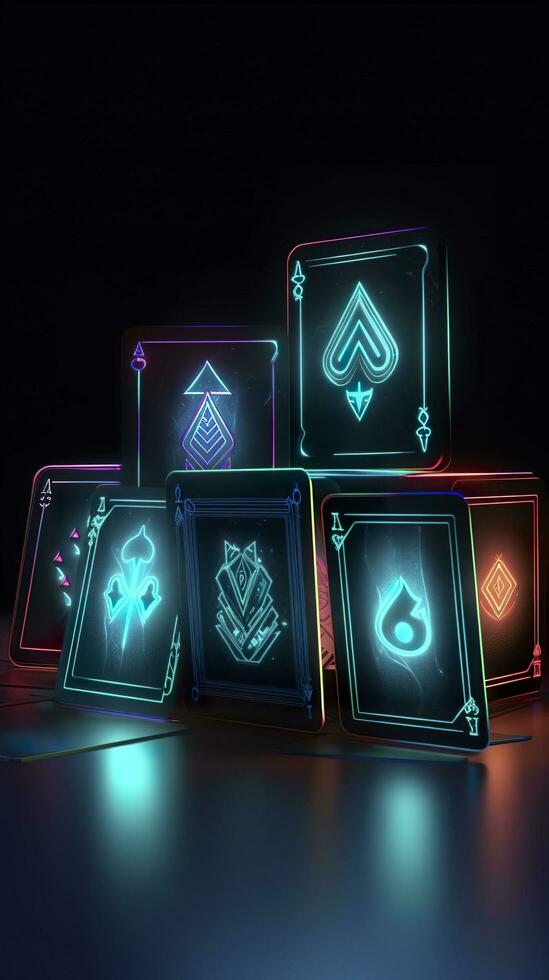 AI generated Some playing cards with glowing neon designs on a tablet. Generative AI photo