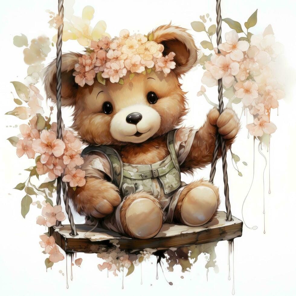 AI generated A cute happy teddy bear swings on a tree on a white background. AI Generated photo