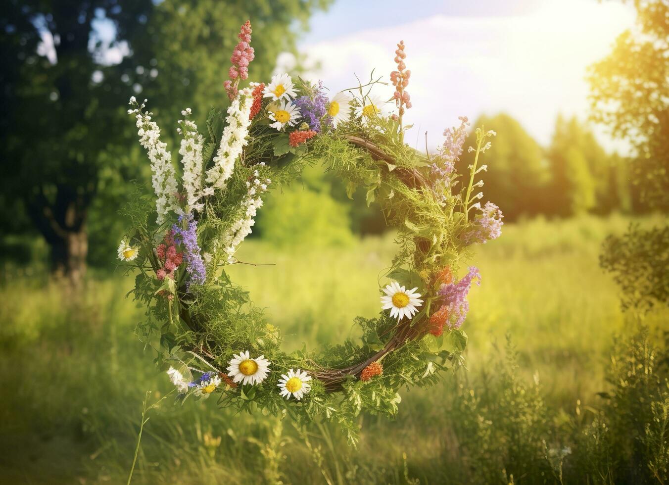 AI generated Rustic wildflowers wreath on a sunny meadow. Summer Solstice Day, Midsummer concept. Generative AI photo