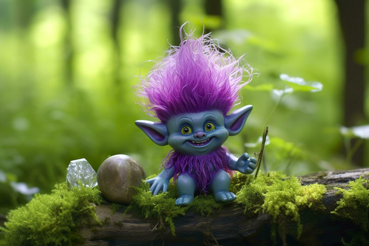 AI generated Tale troll with crystals in the forest, natural green background. Generative AI photo