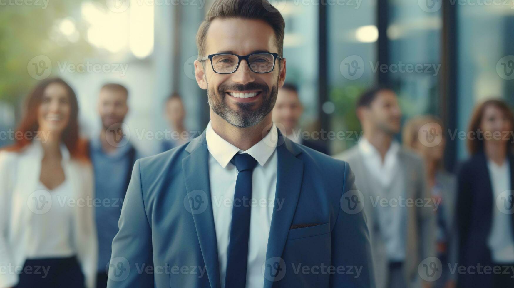 AI generated Professional Man in front of Blurred Background with Other Employees, Best Candidate Concept photo